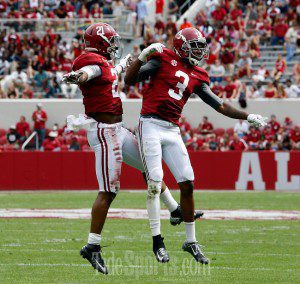 Alabama defensive back Maurice Smith (21) and Alabama defensive back Bradley Sylve (3) celebrate a third quarter touchdown during A-Day at Bryant-Denny Stadium in Tuscaloosa, Ala. on Saturday April 18, 2015. staff photo | Robert Sutton
