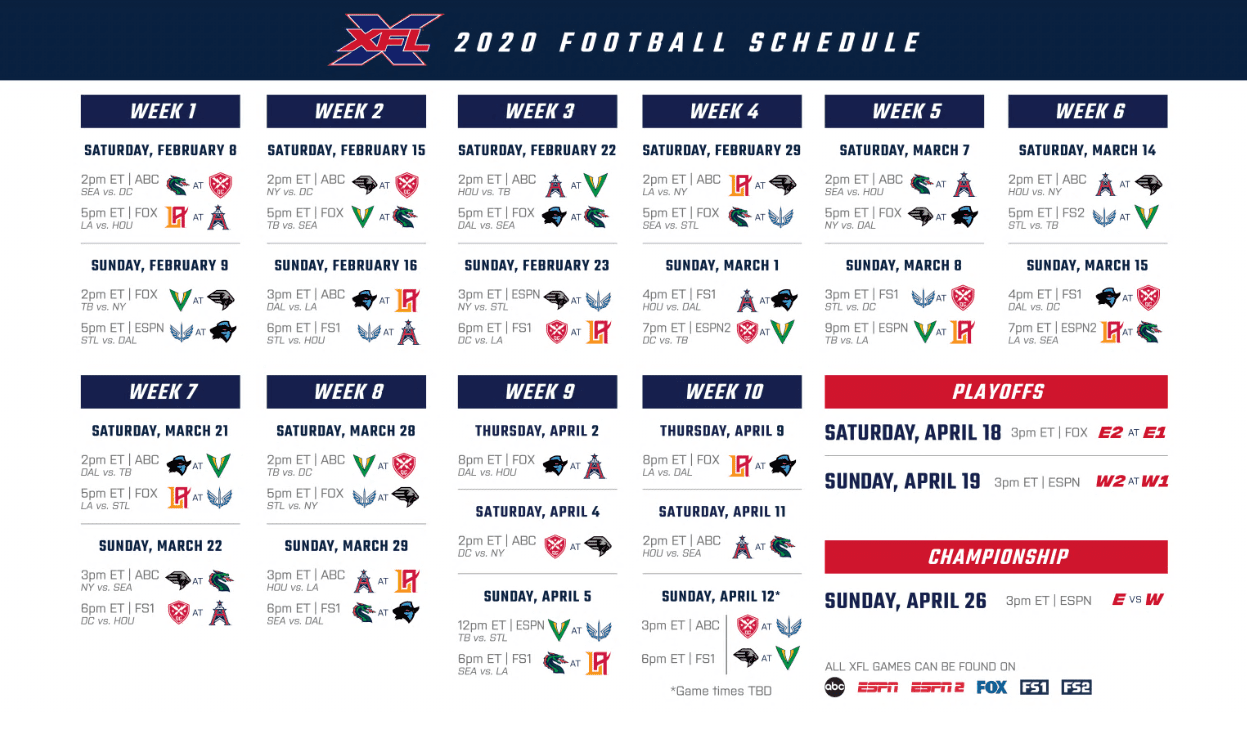 XFL Season Schedule ReleasedFind out who plays who in the XFL 2020