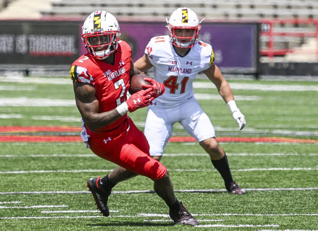 Maryland wide receiver Jacob Copeland had five catches for 70 yards Saturday in the Terrapins’ annual spring game. (Jonathan Newton/The Washington Post)