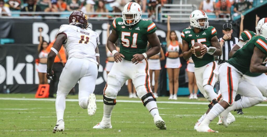 DJ Scaife the mauling offensive lineman from the University of Miami (FL) is a player to keep an eye on in the 2023 NFL Draft