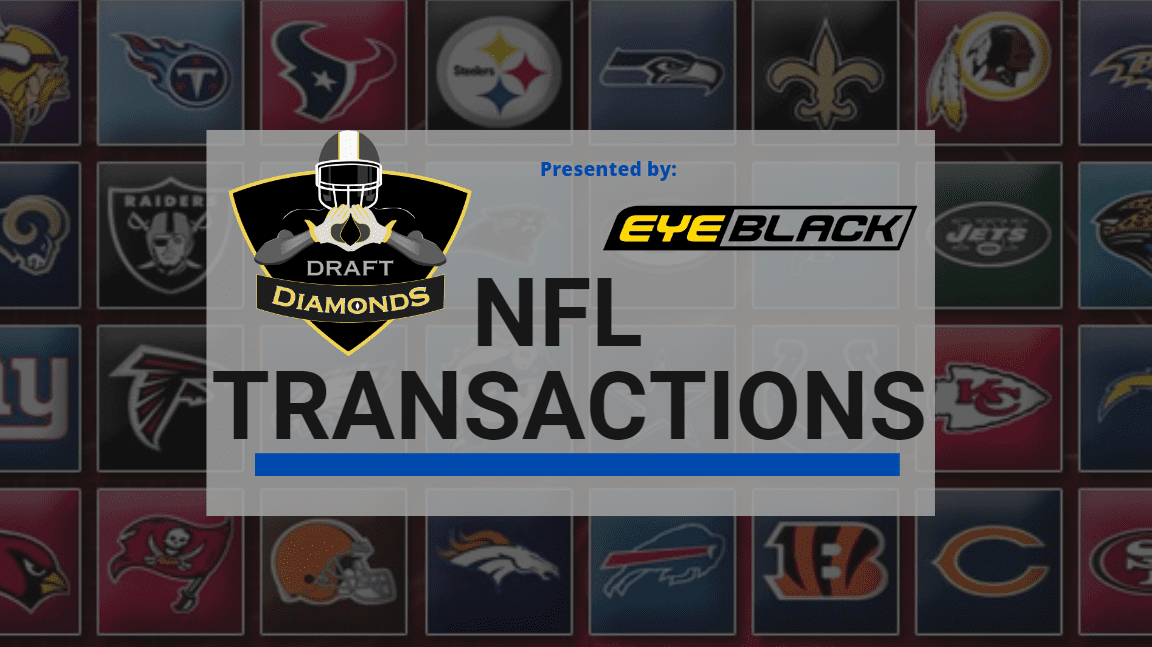NFL Transactions for Today! Every day we track each and every roster cut, trade, workout, and signing here on NFL Draft Diamonds. NFL Transactions is presented by Undrdog Athletix. the Official Eyeblack Sponsor of the 2023 Hula Bowl!