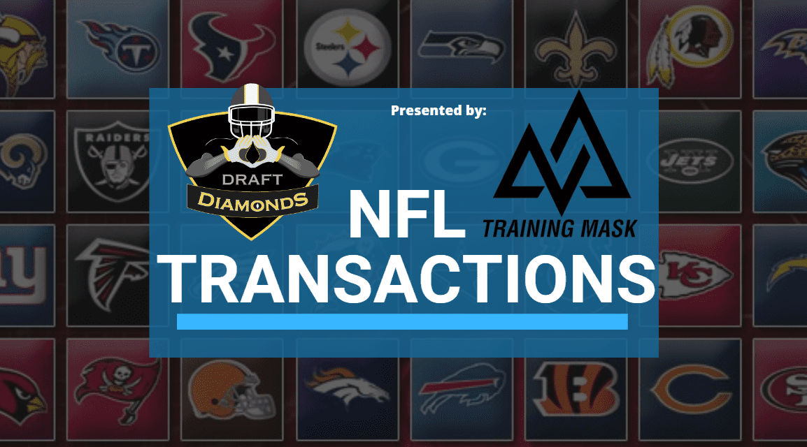 NFL Transactions for Today! Every day we track each and every roster cut, trade, workout, and signing here on NFL Draft Diamonds. NFL Transactions is presented by Training Mask! They are the Ultimate Respiratory Training Device of Draft Diamonds and the Hula Bowl!