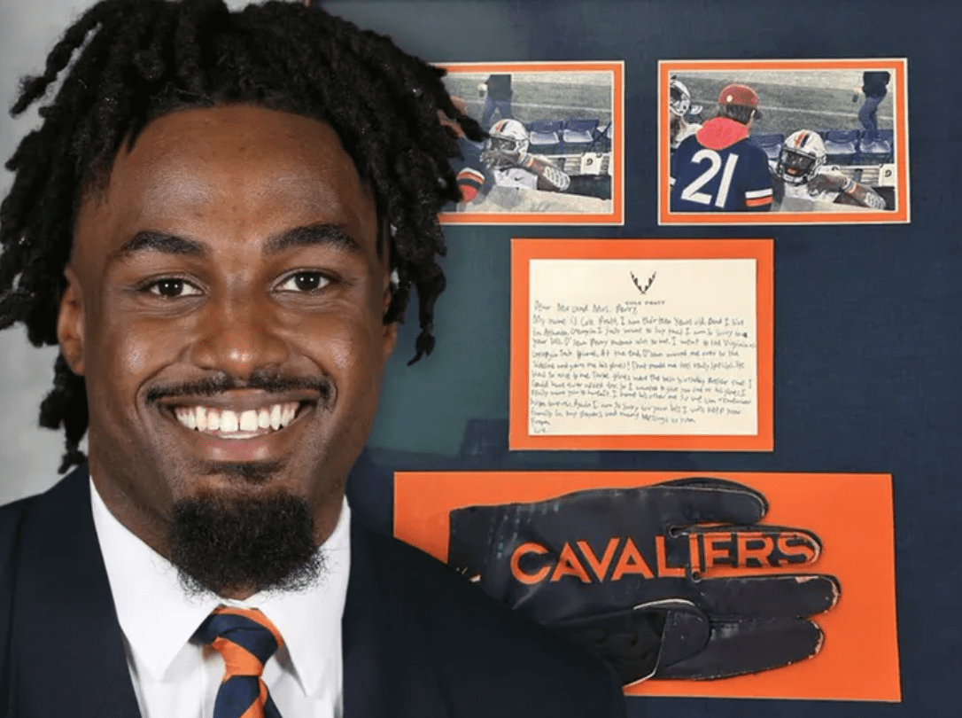 A Young Football Fan gifts the Parents of a slain UVA football player his game-used glove