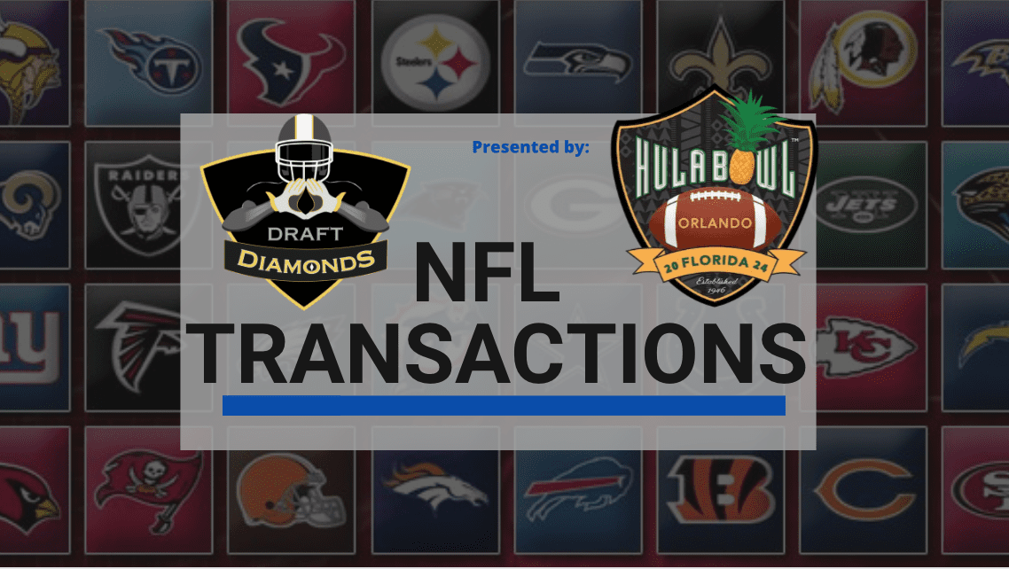 NFL Transactions for Today! Every day we track every roster cut, trade, workout, and signing here on NFL Draft Diamonds. NFL Transactions are Presented By the 2024 Hula Bowl College-All-Star Game.
