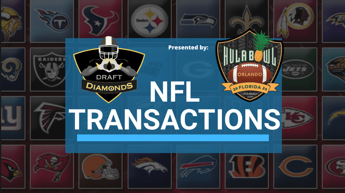 NFL Transactions for Today! Every day we track each and every roster cut, trade, workout, and signing here on NFL Draft Diamonds. NFL Transactions are Presented By the 2024 Hula Bowl College-All Star Game.