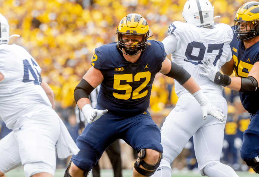 Karsen Barnhardt the mauling offensive guard from Michigan is a big time prospect with a mean streak for the Wolverines.