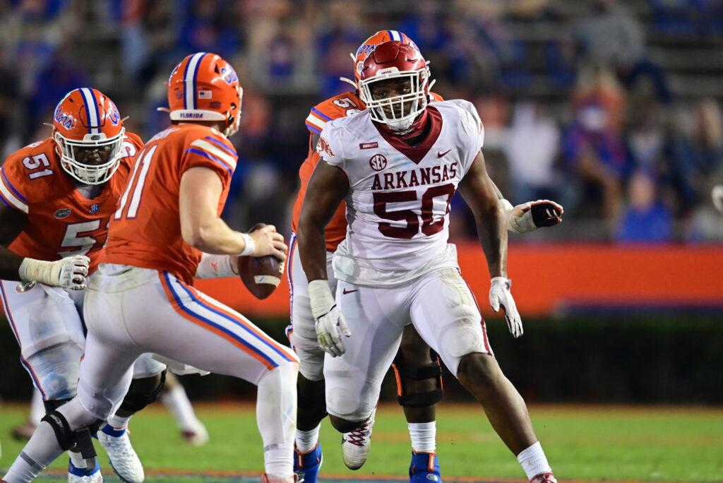 Eric Gregory the standout defensive lineman from Arkansas is a player to keep an eye on in the 2024 NFL Draft.  Hula Bowl scout 