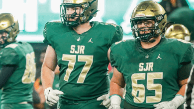 Rocco Rodden (65) of St. Joseph (Mont.) and Liam Stagg (77) of St. Joseph (Mont.) take the field during the football game between St. Joseph (Mont.) and Donovan Catholic at MetLife Stadium in East Rutherford, NJ last season.