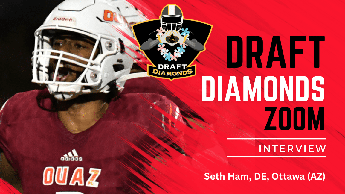 Ottawa University of Arizona has a sleeper prospect in Seth Ham. The defensive end prospect has an 83-inch wing span which is insane. Ham is a very productive product that is crushing the pre-draft process. Check out this exclusive Zoom Interview with NFL Draft Diamonds lead scout Jimmy Williams. Make sure you hit the like and subscribe buttons below.
