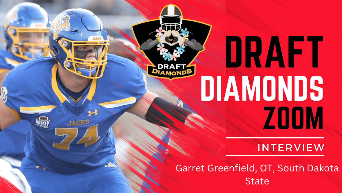 South Dakota State offensive lineman Garret Greenfield is one of the top-rated small schoolers in the entire NFL Draft. After a successful Combine the star offensive tackle sat down with NFL Draft Diamonds very own Jimmy Williams for this exclusive Zoom Interview. Make sure you hit the Like and Subscribe buttons below.