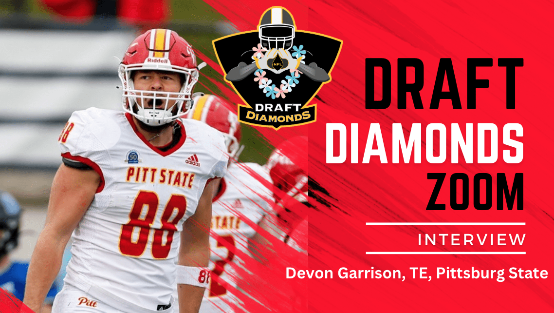 Pittsburg State tight end Devon Garrison is a sleeper in the 2024 NFL Draft. Garrison has athleticism and soft hands. He recently sat down with NFL Draft Diamonds lead scout Jimmy Williams for this exclusive Zoom interview. Make sure you hit the like and subscribe button below.