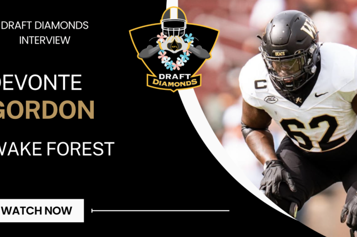 DeVonte Gordon is a veteran team leader and a promising prospect on the Wake Forest offensive line. His strong, well-built frame, combined with impressive footwork, provides consistency in both the run and pass game. Gordon demonstrates a strong ability to anchor and gain leverage early with quick, disciplined hands. His reliability is backed by extensive experience, having 50 career starts at both left and right tackle. His physical attributes are impressive, featuring 34 7/8-inch arms and an 83 1/8-inch wingspan. Gordon is a well-rounded blocker whose skills and experience make him a solid prospect in this year’s draft.